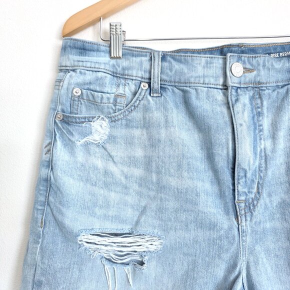 Torrid Distressed Perfect High-Rise Stretch + Rigid Bermuda Denim Shorts, Cutoff - Picture 3 of 12